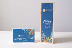 Duo de boite métal et coffret bois, imprimés sur la face avant