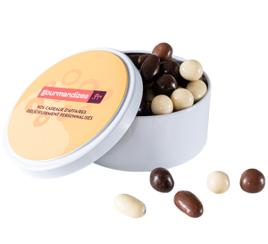 Noisettes et amandes chocolatées, boîte métal ronde personnalisée, Chocolaterie de Marlieu