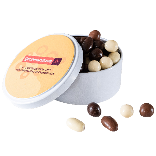Noisettes et amandes chocolatées, boîte métal ronde personnalisée, Chocolaterie de Marlieu
