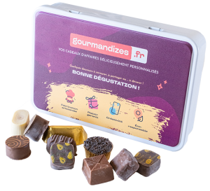 Assortiment de chocolats, boîte métal rectangle personnalisée, Chocolaterie de Marlieu