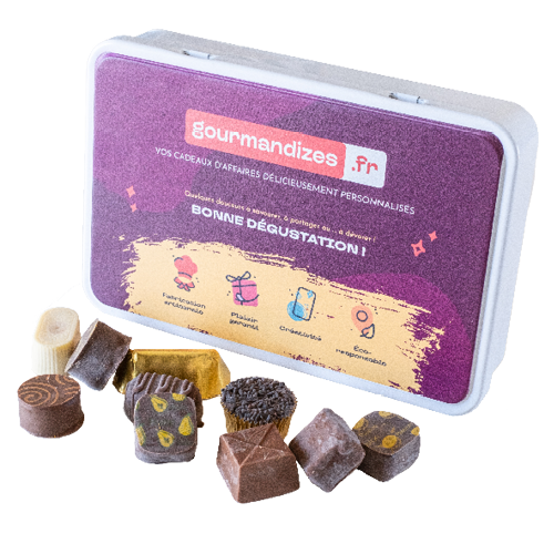 Assortiment de chocolats, boîte métal rectangle personnalisée, Chocolaterie de Marlieu