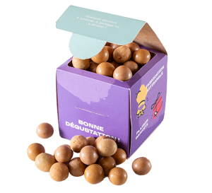 Billes de céréales chocolatées, cube kraft personnalisé, Thierry Court