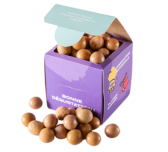 Billes de céréales chocolatées, cube kraft personnalisé, Thierry Court