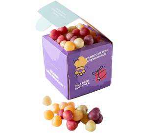 Bonbons fruits, sans gélatine, packaging cube kraft personnalisé, Thierry Court