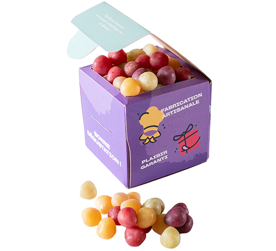 Bonbons fruits, sans gélatine, packaging cube kraft personnalisé, Thierry Court