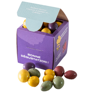 Cacahuètes chocolatées dans cube kraft personnalisé, Thierry Court