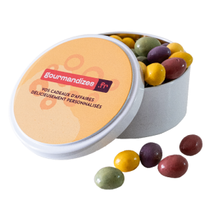 Cacahuètes chocolatées dans boîte métal ronde personnalisée, Thierry Court