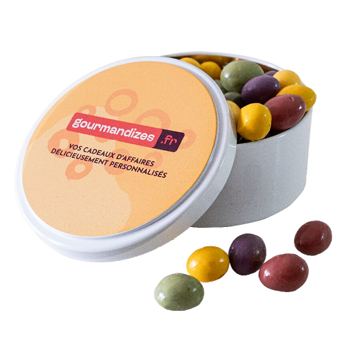 Cacahuètes chocolatées dans boîte métal ronde personnalisée, Thierry Court
