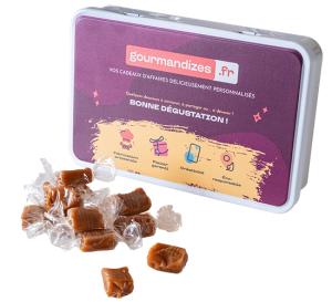 Caramels tendres, boîte métal rectangle personnalisée, Chocolaterie de Marlieu