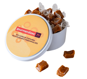 Caramels tendres, boîte métal ronde personnalisée, Chocolaterie de Marlieu
