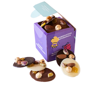 Mendiants chocolats dans cube kraft personnalisé, Chocolaterie de Marlieu