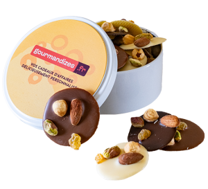 Mendiants chocolats dans boîte métal ronde personnalisée, Chocolaterie de Marlieu