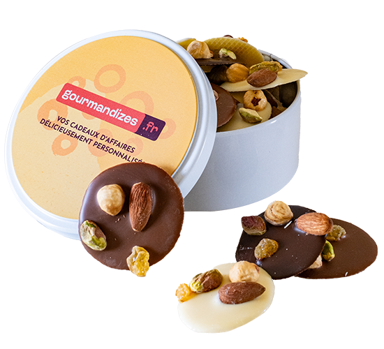 Mendiants chocolats dans boîte métal ronde personnalisée, Chocolaterie de Marlieu