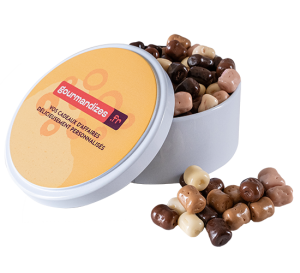 Mini guimauve 5 chocolats dans boîte métal ronde personnalisée, Chocolaterie de Marlieu