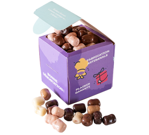 Mini guimauve 5 chocolats dans packaging Cube kraft personnalisé, Chocolaterie de Marlieu