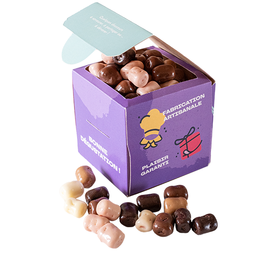 Mini guimauve 5 chocolats dans packaging Cube kraft personnalisé, Chocolaterie de Marlieu