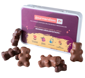 Nounours guimauves noir et lait dans boîte métal personnalisée, Thierry Court