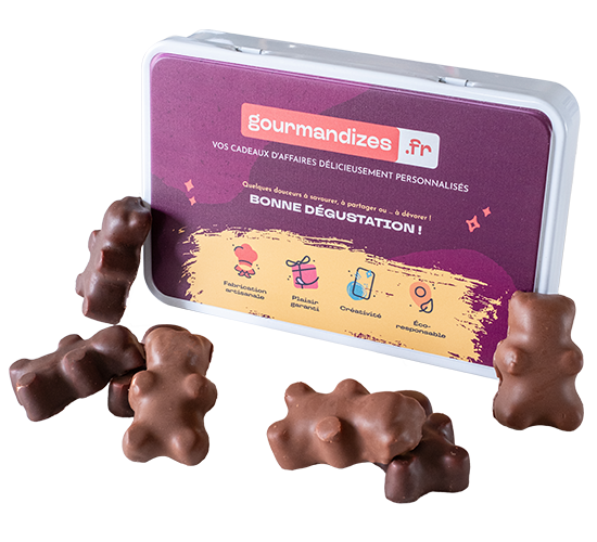 Nounours guimauves noir et lait dans boîte métal personnalisée, Thierry Court