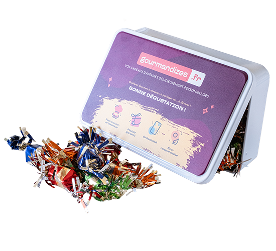 Papillotes chocolats dans boîte métal rectangle personnalisée, Chocolaterie de Marlieu