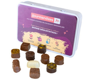 Assortiment de chocolats, boîte métal rectangle personnalisée, Chocolaterie de Marlieu